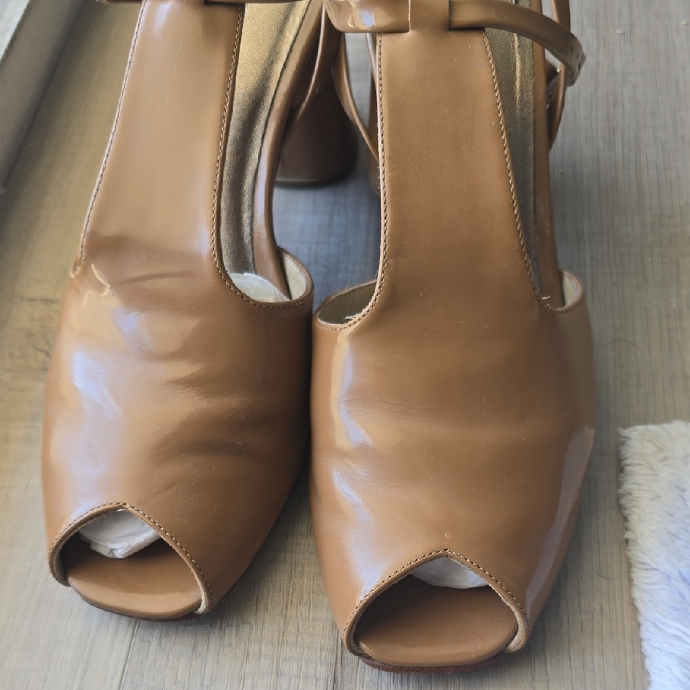 Rachel Comey Tan Open-Toe Leather Block Heels, Sz 8.5